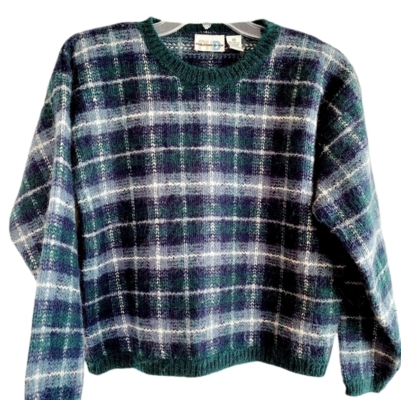 VTG Paul Harris Design Mohair blend Sweater Medium Plaid Navy Green Crewneck EUC - Picture 1 of 14